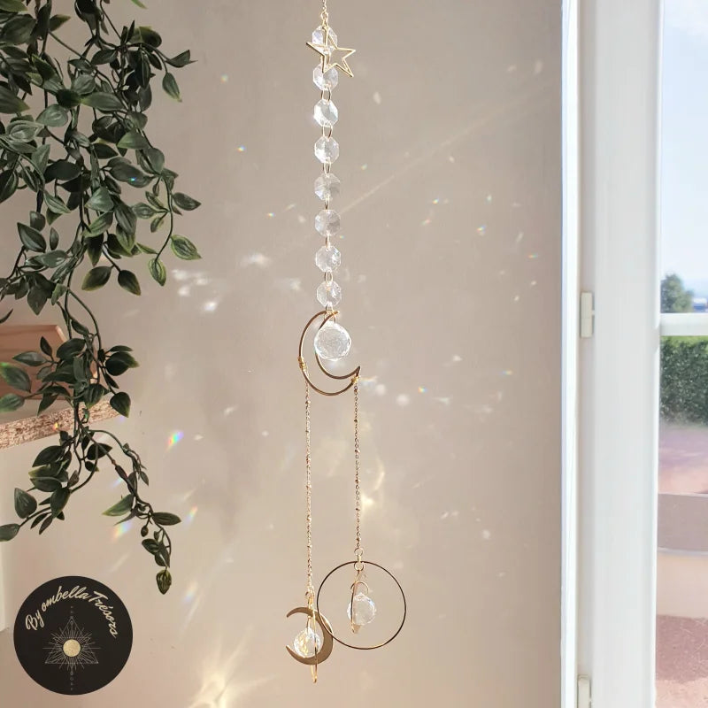 Attrape-soleil En Cristal - Lot De 2 Pendentifs étoiles Et Lune - Longueur 40 Cm - Pour Décoration Intérieure Et Extérieure, Jardin, Balcon